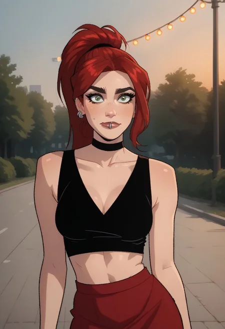 score_9, score_8_up, score_7_up, score_6_up, flat art, source_anime, 1girl, solo, tc_val, big green eyes, silver lip piercing, silver earring piercing, red hair, ponytail, hair in front of face, wearing choker, black crop top, skirt, photo session in park, romantic lights, facing viewer, sexy pose, flirty seductive look, looking at viewer
