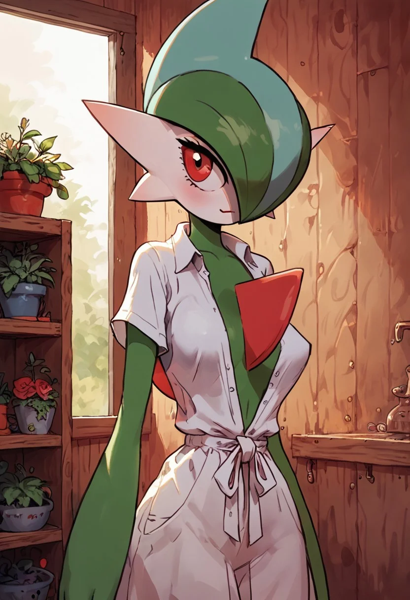 ((( gallade))), female, furry, score_9, score_8_up, score_7_up, small saggy tits, ((pokies through a loose shirt)) fit Gallade girl with head crest, she has green and white skin , cuddly little Gallade woman, facing viewer, greenhouse room , room filled with so many plants, detailed face, trendy fashion
