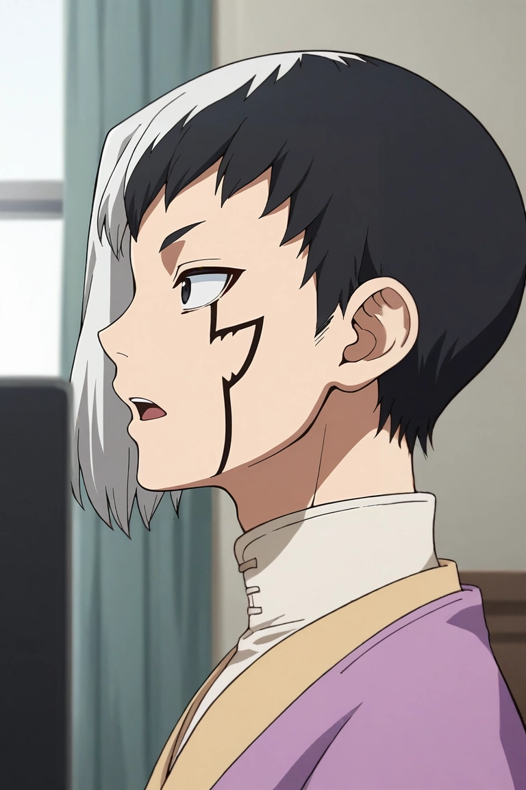 score_9, score_8_up, score_7_up, source_anime, rating_safe, , semi-realistic, , depth of field, 1boy, solo, male focus, <lora:gen_asagiri_pony:0.74>, gen_asagiri, black hair, black eyes, short hair, two-tone hair, multicolored hair, split-color hair, white hair, facial mark, profile, office, computers, midnight, twisted torso, open mouth, , <lora:sdxl_lightning_8step_lora:1>