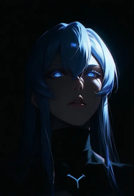 1girl, esdeath, solo, dark, light, the light illuminates part of the face, masterpiece, best quality, very aesthetic, close up, parted lips