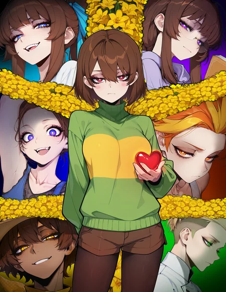 masterpiece, best quality, newest, detailed background, yellow flower backgroun
brown hair, red eyes, hair between eyes, half-closed eyes, chara \(undertale\), short hair,
looking looking at viewer, eyelashes, closed mouth, bored face, light smile, holding fruit, arm behind back,
turtleneck sweater, green sweater, brown shorts, black pantyhose, multiple girls, multiple views,
<lora:cgel-style-richy-v1_ixl:0.75>, <lora:slugbox_ill:0.75>, <lora:fishine-illus:0.5>, <lora:add-detail-xl:0.5>, <lora:aanimagine31-undertale-last:0.35>,