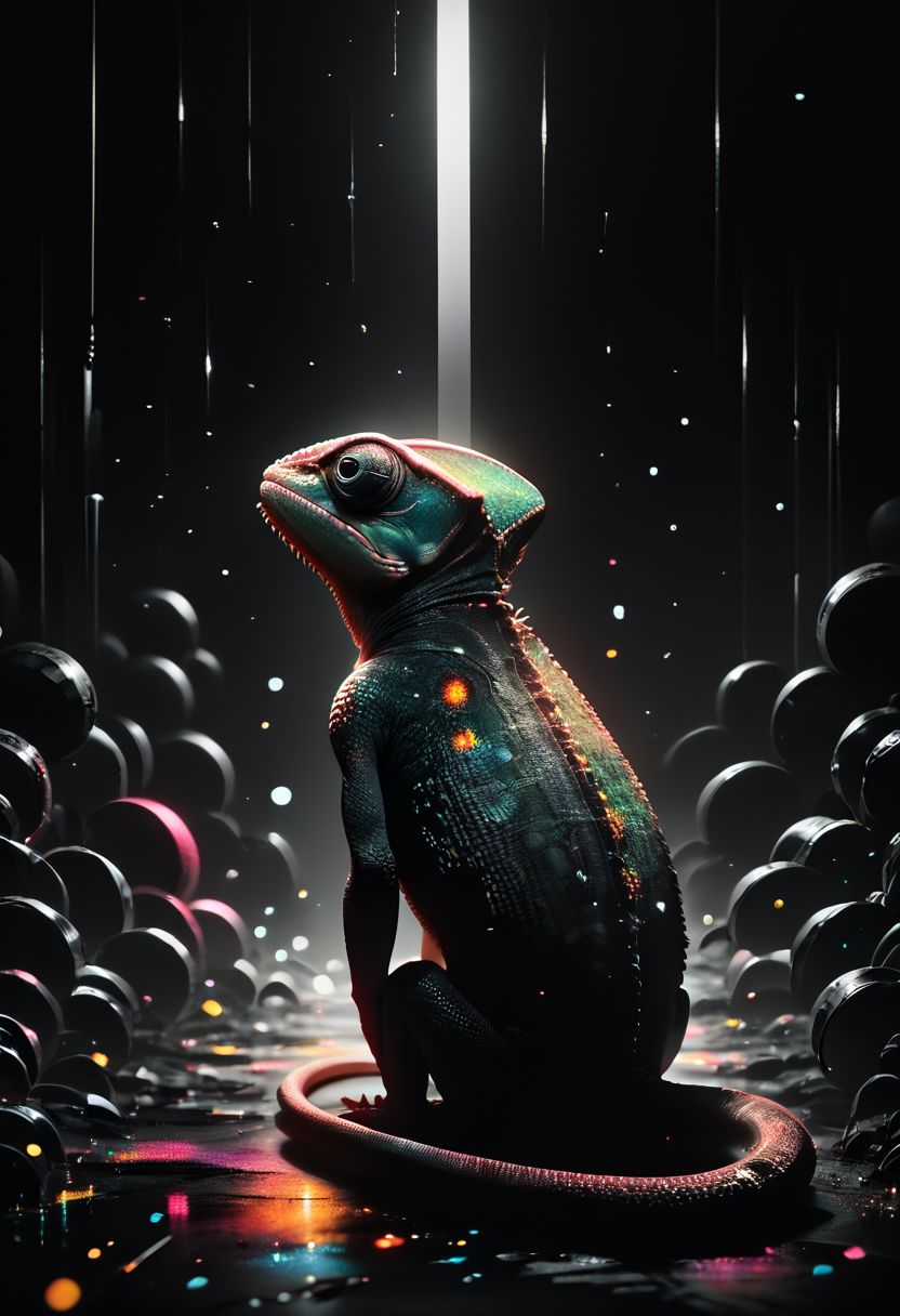 score_9, score_8_up, score_7_up, chameleon, lizard, feral, scales, realistic, abstract background, dark background, mad-neon-noir, noir, particles, colorful, zPDXL2