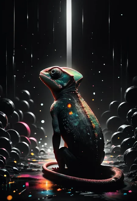 score_9, score_8_up, score_7_up, chameleon, lizard, feral, scales, realistic, abstract background, dark background, mad-neon-noir, noir, particles, colorful, zPDXL2