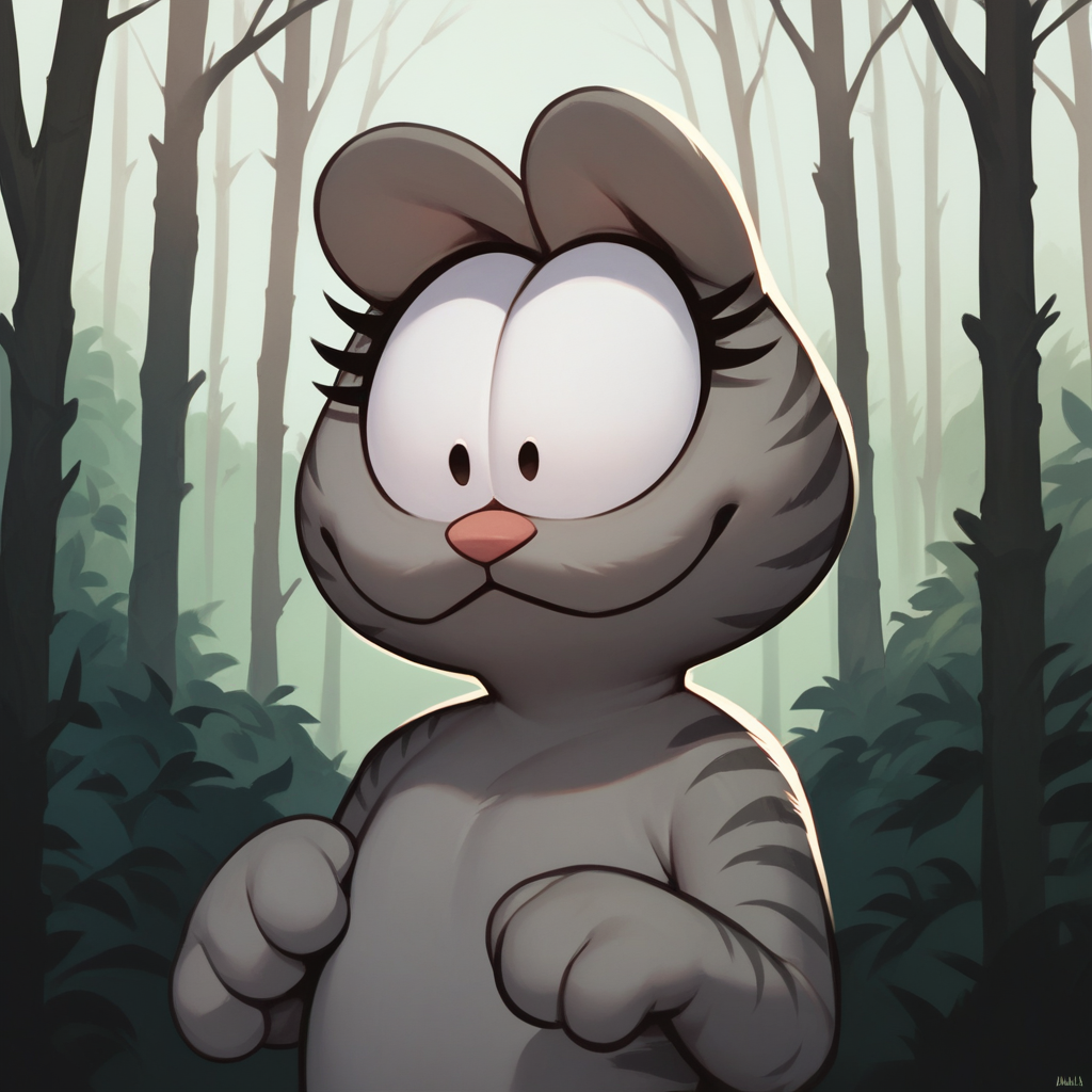 <lora:nermal_PDXL_Mlaofmd-10:1.0>, score_8_up, score_7_up, score_6_up, 1boy, no humans, eyelashes, nermal, grey fur, solo, black eyes, happy, embarrassed, standing, forest,