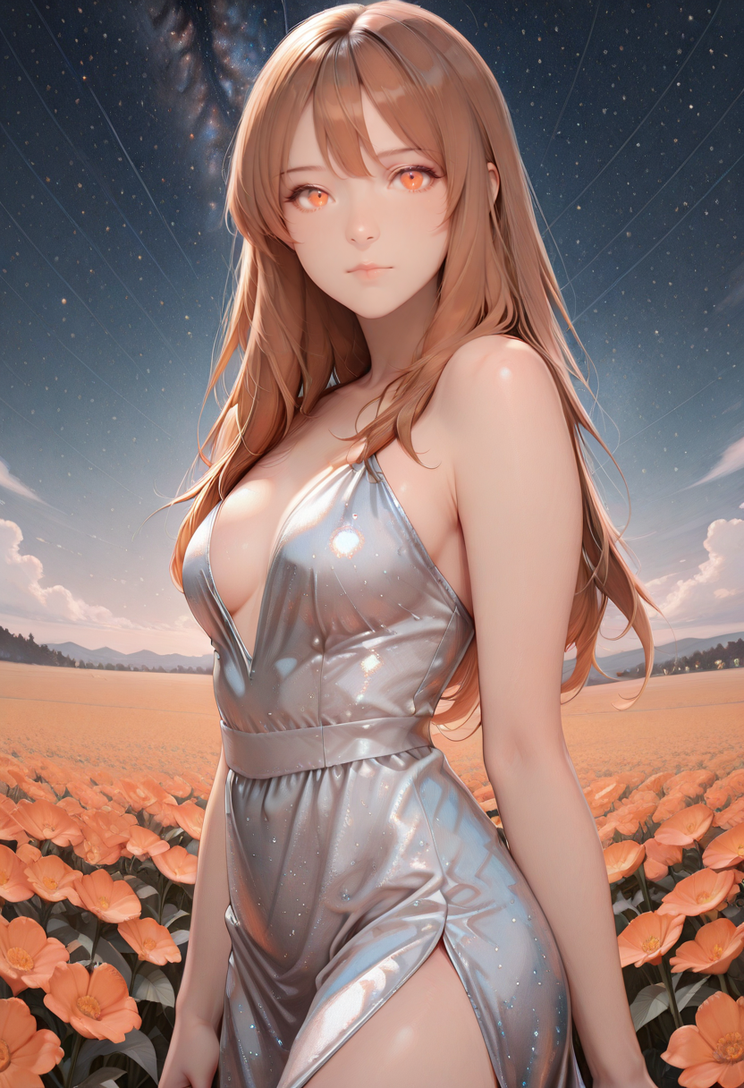 1girl, Sophiesw, long hair, brown hair, bangs, orange eyes, medium breasts,  looking at viewer, standing, 
silver dress,   starry sky, flower field, 
lazympos   <lora:Sophie_-_OC_by_Shiro-IL-V1:1>