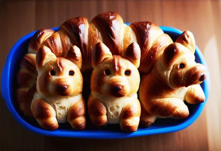 4 loaves of croissants in the shape of corgi, in a blue and white basket