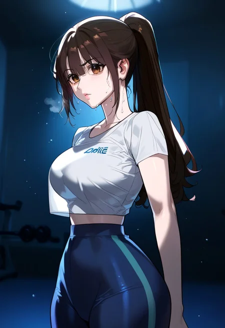 zPDXL3, score_9_up, score_8_up, score_7_up, (Anime_source), 1girl, Yuna Lee, brown eyes, brown hair, long hair, ponytail, training clothes, looking at viewer, from side, sweating, steam, after workout, cowboy shot, particles, dark room, light