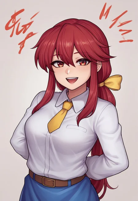 score_9, score_7_up, source_anime, source_cartoon, source_explicit, BREAK, 2d, colorful, aesthetic, illustration, speedyDORA, kotohime (touhou), long hair, red hair, red eyebrows, hair between eyes, bangs, sidelocks, low-tied long hair, tied hair, low ponytail, hair ribbon, yellow ribbon, red eyes, breasts, white shirt, collared shirt, long sleeves, yellow necktie, blue vest, brown belt, blue skirt, hands behind back, open mouth, smile, teeth, simple background, looking at viewer, facing viewer, standing in front of viewer, standing