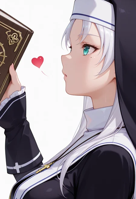 Smooth Quality,masterpiece,very intricate, high quality details, ultra realistic, high detailed skin,detailed enviorement,absurdres,
inward v,
<lora:Kate_Takayama_CNR:0.8> kate_cnr, 1girl, white hair, long hair, aqua eyes, mole under eye,nun, habit, book, cross, jewelry, necklace, heart ornament,boots,, simple background, white background, from side,solo,, uwu,
