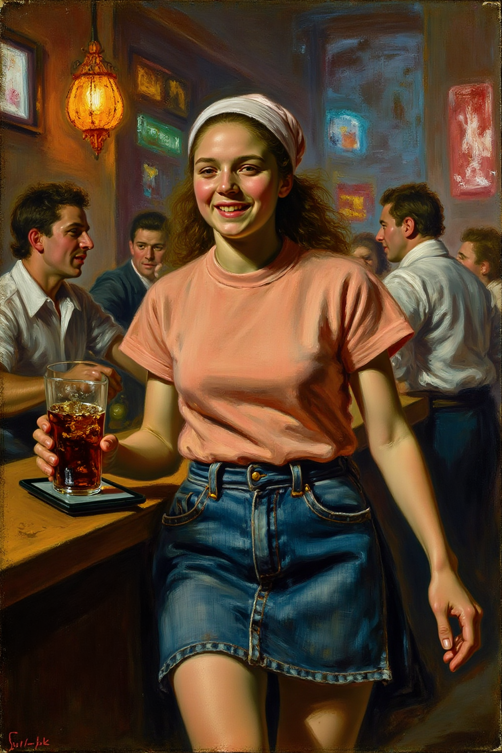 fraha1 painting
The air buzzes with the energy of a busy bar, a mix of music, conversation, and the clinking of glasses. A barmaid, the embodiment of youthful vibrancy, navigates the lively scene. She wears a peach-coloured T-shirt, the soft fabric contrasting with the smooth, cold glass of coke she carries on a small tablet. Her short skirt adds a playful touch, and a backwards baseball cap hints at a carefree attitude. The setting and atmosphere are palpable: the warm, slightly sticky surface of the bar counter under her fingertips, the dim, colourful lighting that casts playful shadows. Sensory details are abundant: the condensation forming on the glass of coke, the texture of her denim skirt, and the way the bar lights catch the highlights in her hair. Her confident stride, her quick smile, and her efficient movements. Stylistically, the image draws inspiration from the vibrant, candid shots of nightlife photographers, with a touch of the stylized realism found in contemporary illustration. There's a deliberate contrast between the barmaid's youthful energy and the slightly worn, lived-in atmosphere of the bar, creating a dynamic and engaging image.
 <lora:fraha2_nocap_d6a3:1.0>
