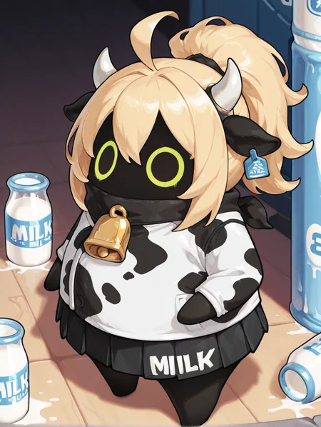 masterpiece,best quality,amazing quality,<lora:Bangboo Illust:1>,no humans,
bangboo,standing,
blonde hair,hair between eyes,ahoge,ponytail,
cow print,cow horns,eartag,neck bell,
pleated skirt,milk bottle,
full body,dynamic pose,