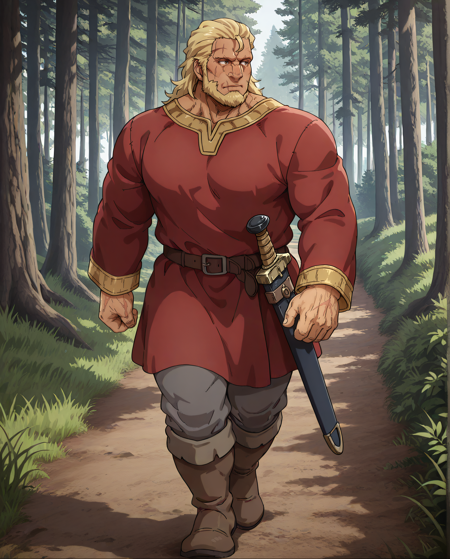th0rgil, bara, muscular, male focus, solo, blonde hair, medium hair, brown eyes, scar on mouth, scar across eye, no eyebrows, red tunic, grey pants, long sleeves, knee boots, walking, scabbard, sheath, forest, grass field
