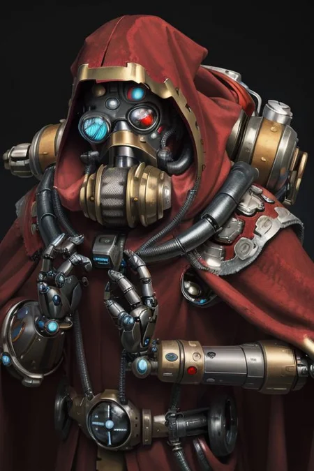 ((masterpiece,best quality)), absurdres, mechanical arms, robes, hood, ((techpriest)), cyborg, mechanical face, (eggmantech, robotic) mechanical limbs, gas mask, mechanical tentacles, (mechanical backpack), red cloak, 1other, solo,