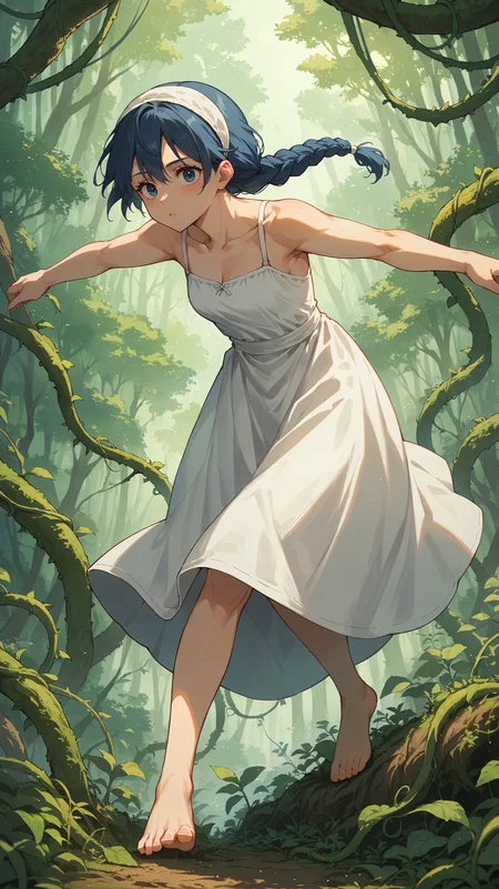 score_9,score_8_up,score_7_up,score_6_up, <lora:xl_more_art-full_v1:0.5>, source_anime, girl, dynamic pose, head down, <lora:Riko Amanai - Pony-000004:0.8>, blue hair, single braid, blue eyes, white hairband, white sundress, thin straps, outdoors, forest, vegetation, vines, moss,