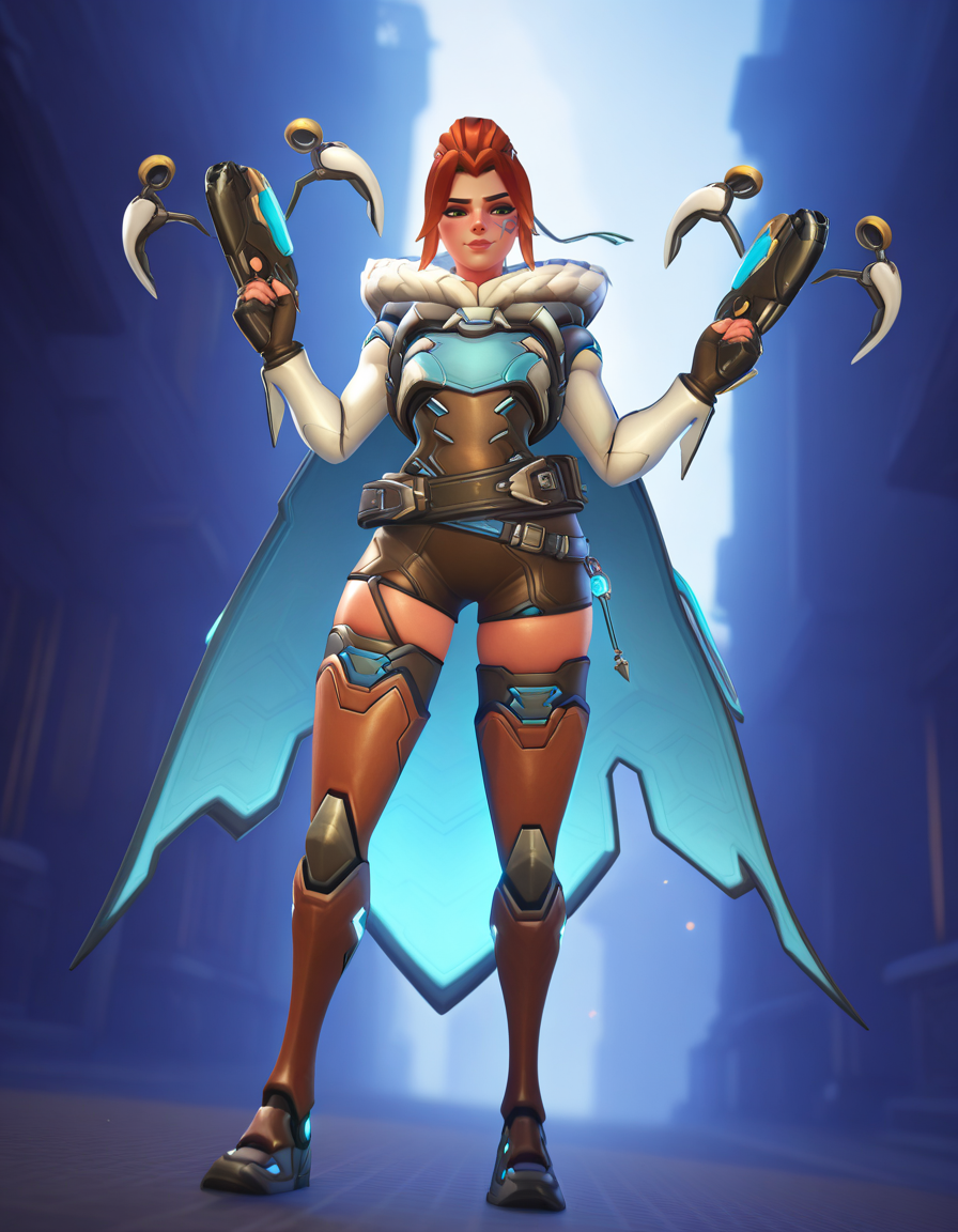 Masterpiece, high-res, 2k, best quality, 3d, solo focus, frejaow, freja (overwatch), fur trimm, cape,  <lora:Freja_Ow_Illus-000043:1> Widely opening legs almost forming an inverted V shape