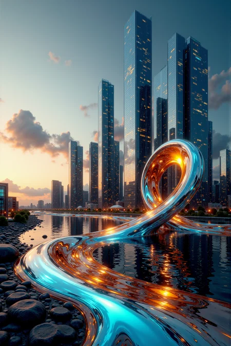 <lora:Vibrantly_Abstract_style:0.8> VibrantlyAbstract style.
A surreal cityscape of ultra-modern skyscrapers with mirrored glass facades rises from a placid reflective waterfront, each tower outlined with glowing orange and cyan lights that pulse against a background of swirling, liquid-metal clouds in gradients of silver, pearl white, and molten gold; the skyline curves into a vortex of fluid architecture where the structures blend seamlessly with ribbons of chromatic mercury flowing through the city's foundation, creating a dreamlike fusion of futuristic engineering and abstract expressionismâcaptured in a hyper-glossy, photorealistic style with wide-angle lens distortion and metallic texture overlays for a transcendent, sci-fi elegance. Hints of galactic nebulae and iridescent plasma swirl inside, giving the impression that the form encases a fragment of star-forming energy frozen in glass. Light interacts with every fold and curve in the form. With ultra-smooth shading, high-gloss rendering, and complex internal refraction, this design merges physical perfection with cosmic energy in a celebration of mathematical elegance and prismatic power.