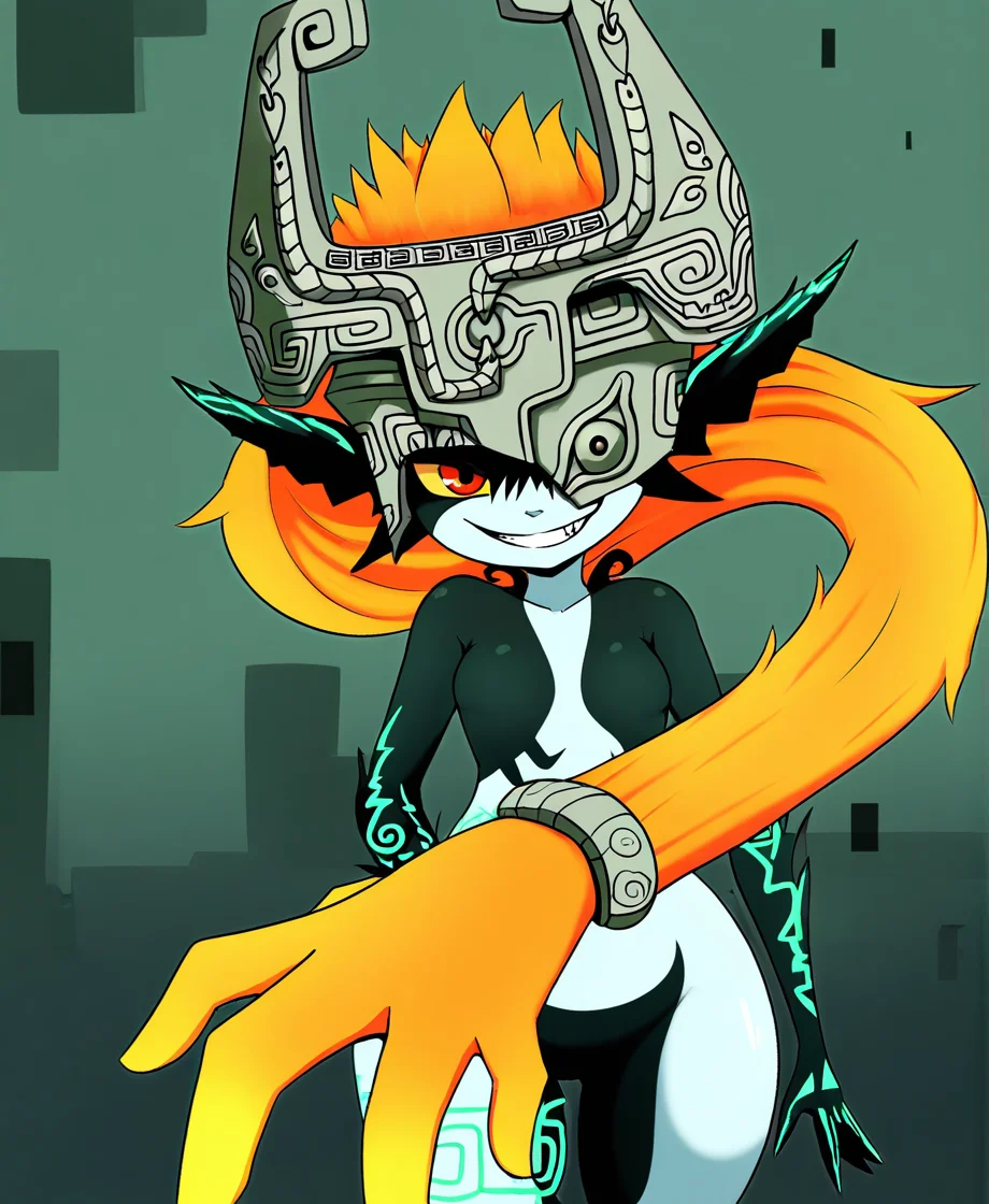 masterpiece, highly detailed, solo, midna, female, imp, helmet, red eyes, yellow sclera, orange hair, long ponytail, hair hand, grin, grassy hill, by vant talon, <lora:MidnaXL_02-Noob-lr2-nd32-na32-ep12:1>
