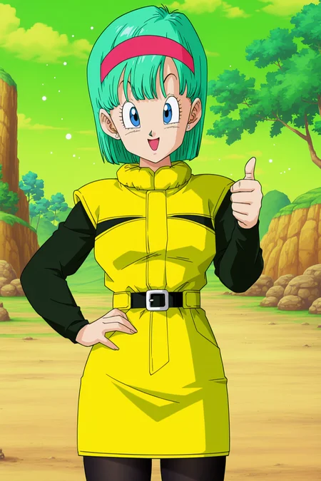 anime screencap, masterpiece, best quality, amazing quality, very aesthetic, absurdres, newest, (scenery, volumetric lighting),
bulma, dbz, namek outfit, namek saga, official style, planet namek, 1girl, solo, looking at viewer, smile, short hair, open mouth, blue eyes, miniskirt, aqua hair, pantyhose, pink hairband, stud earrings, outdoors, green sky, belt, cloud, blue tree, blue grass, thumbs up, rock, mountain, yellow skirt, yellow jacket, two tone jacket, sleeveless jacket, shoulder pads, raised eyebrows, long sleeves, green sky, eyelashes, black undershirt, black legwear, cowboy shot, dappled sunlight, light particles,
<lora:Bulma_XIL:0.8>