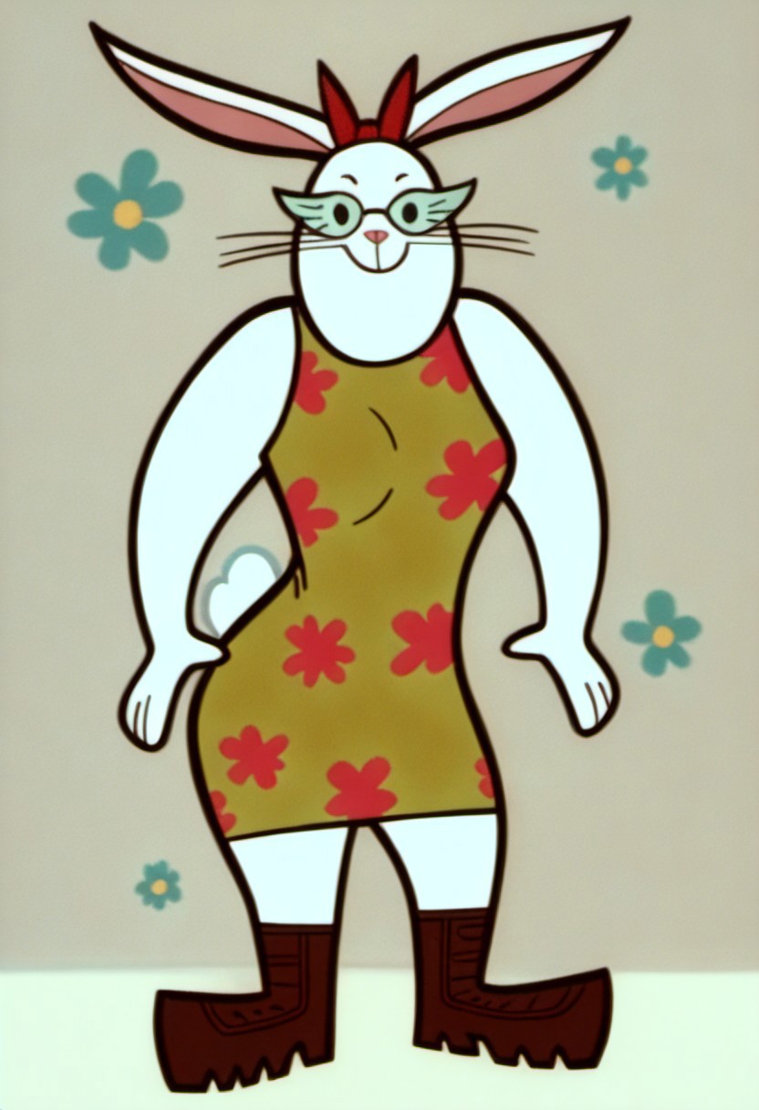 score_9, score_8_up, score_7_up, Solo, one character, front view, full body,
first  character, 1girl, adult, PowerpuffGirlsImaginaryFriend, female, bunny, black eyes, eyelashes, whiskers, pink nose, bunny tail, glasses, red ribbon on head, flowered dress, combat boots, four fingers,