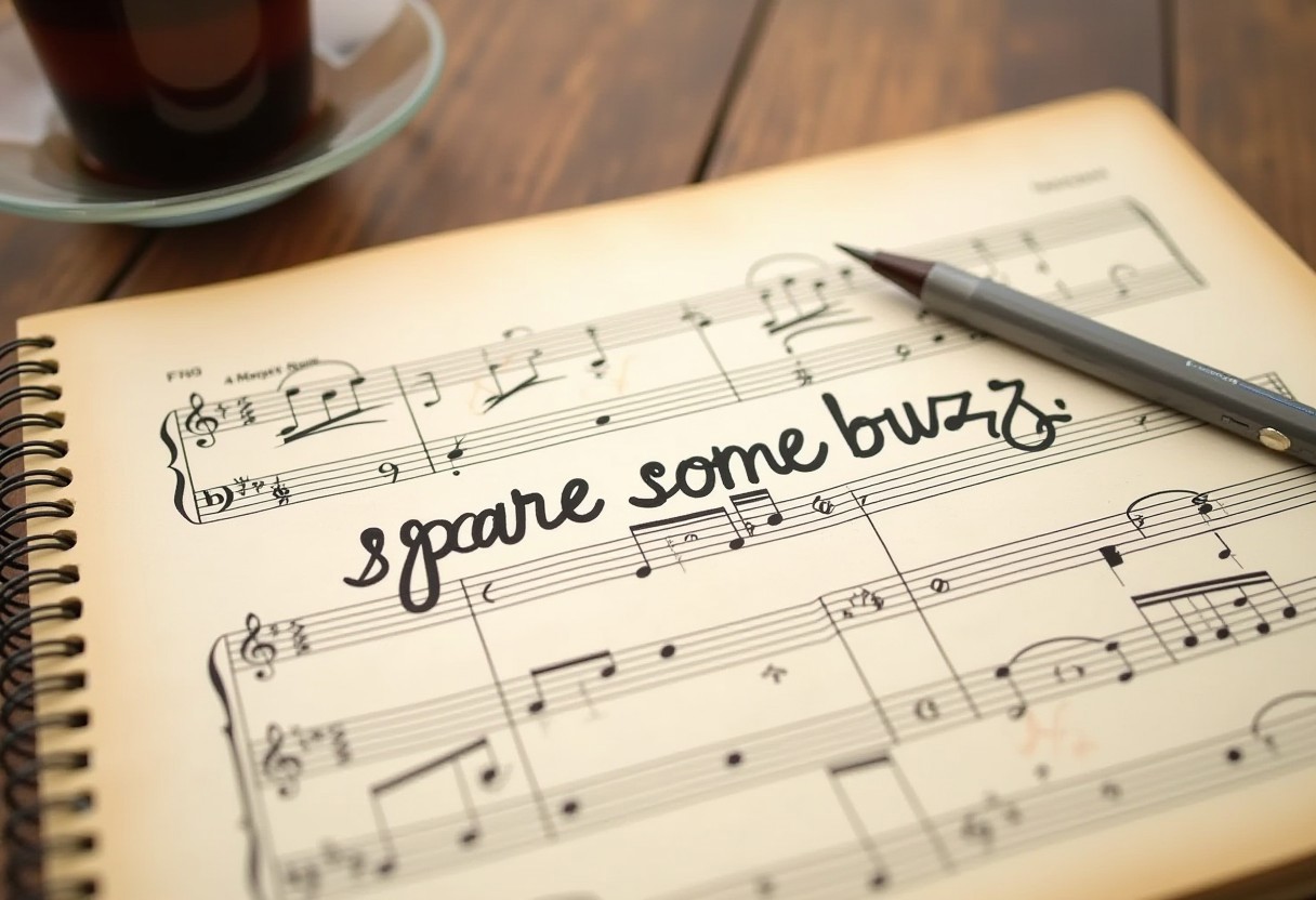 A music sheet, that has some notes written in it. On the center of the sheet there is hand written "spare some buzz" written in beautiful handwritten style with a stylo. There is some coffee in the background