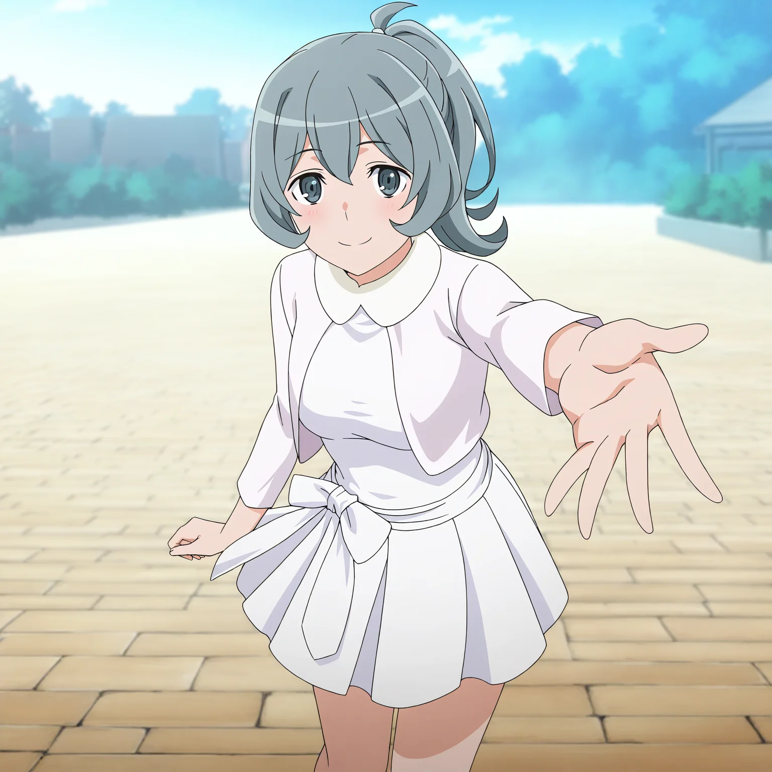 <lora:Syr2-000019:0.7>Syr,solo,looking at viewer,normal suit,light blush,smile,v arm,reaching out,day,sidelocks,bare legs,