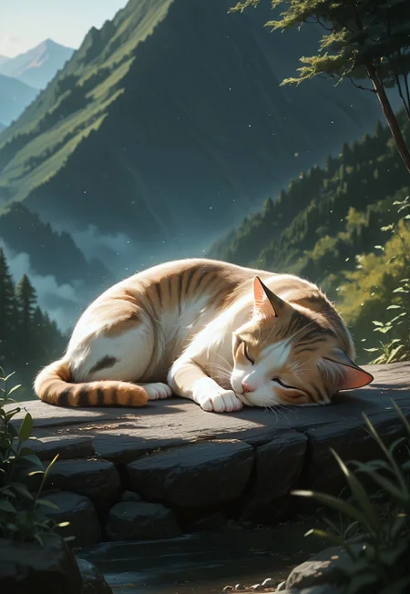 realistic, solo, cat, cute, sleeping, light_particles, nature, mountain, depth of field, the best quality, amazing quality, high quality, masterpiece,