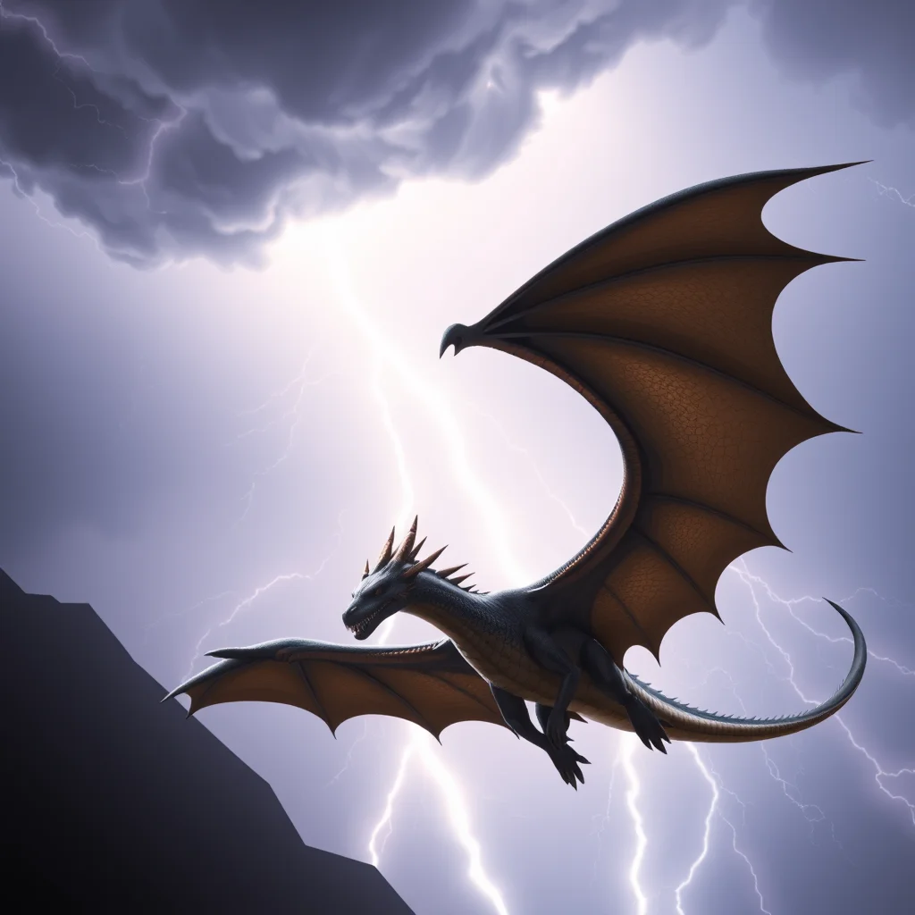 photo of a dragon with hyper wings flying in the sky. the dragon's massive wings carry it aloft as it flies through a thunderstorm with bolts of lightning