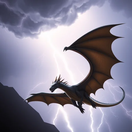photo of a dragon with hyper wings flying in the sky. the dragon's massive wings carry it aloft as it flies through a thunderstorm with bolts of lightning