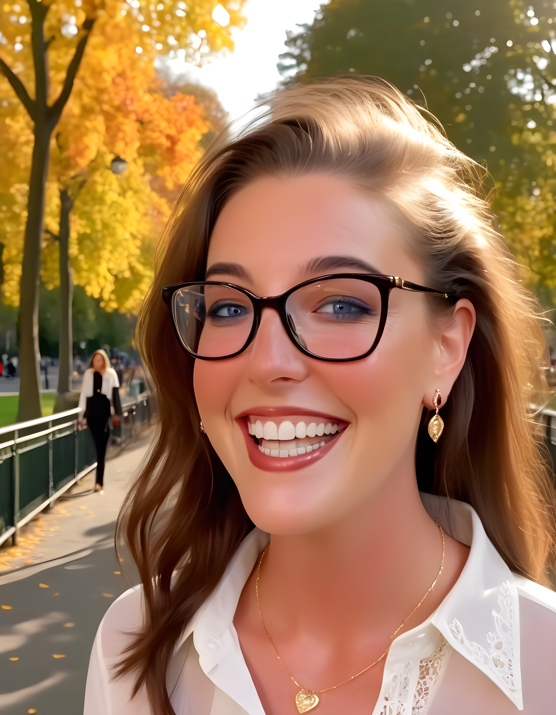 EMM4S, In a bustling urban park under the warm, golden glow of late afternoon sun, a radiant woman with sparkling blue eyes, adorned in a stylish white blouse with delicate lace detailing, a pair of black trousers, and accessorized with a dainty necklace, a pair of elegant earrings, and sleek black-framed glasses perched on the bridge of her nose, takes a moment to laugh heartily, revealing her perfectly aligned teeth and capturing the attention of passersby from an angle that highlights the playful curve of her smile, with the vibrant leaves of autumnal trees framing her in the background.
