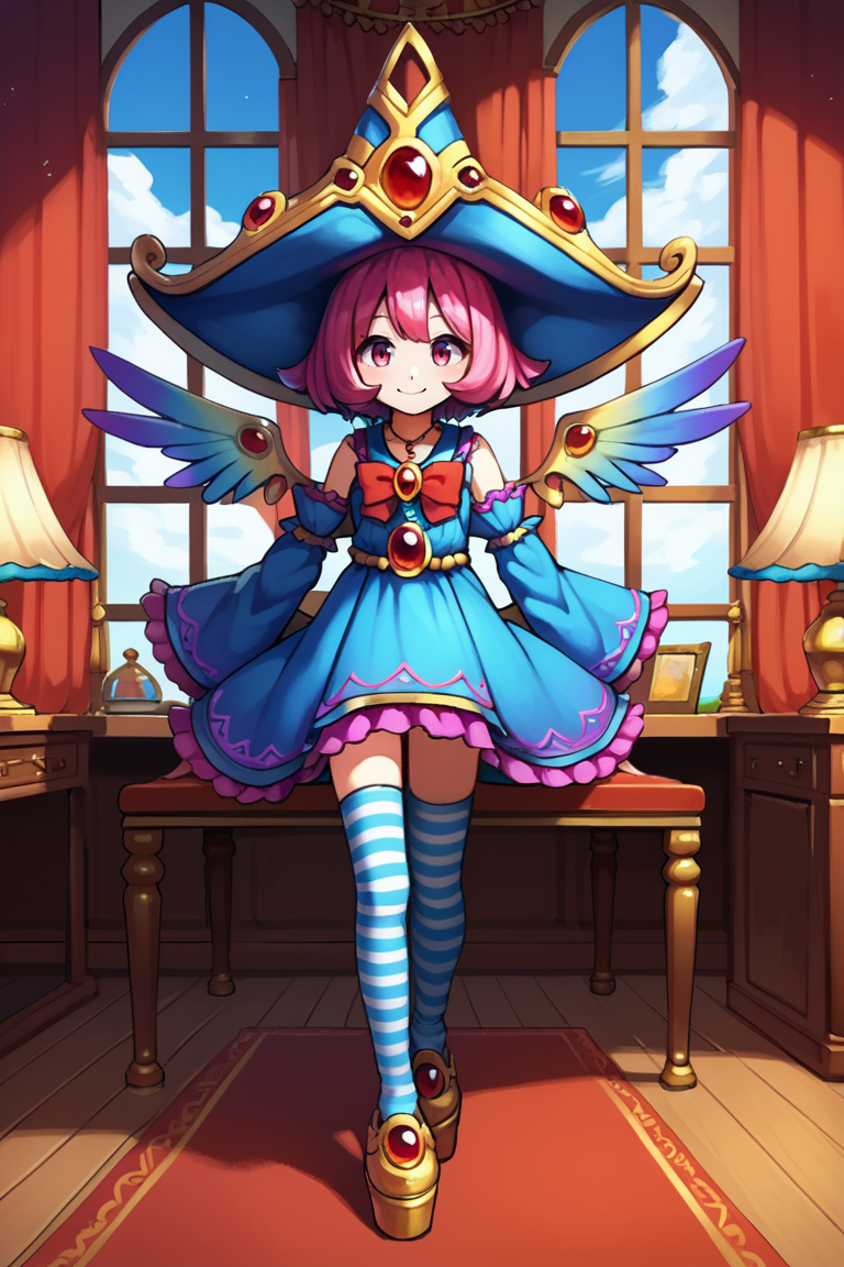 score_9, score_8_up, score_7_up, source anime, <lora:Sae:0.80> , saebase, saedef, 1girl, pink hair, short hair, pink eyes, hat, huge hat, crown hat, (asymmetrical wings, mismatched wings), wings, pendant, gem, red gem, red bowtie, blue shirt, navel,  blue dress, frilled dress, layered dress, striped, horizontal-striped thighhighs, blue stripes, aqua stripes, wide sleeves, detached sleeves, frilled sleeves, purple ribbons, platform footwear, shoes, arms at sides, smile, looking at viewer, full body, solo, standing, BREAK, interior, clouds, table,  ballroom, chairs, lamp, nightstand, windows, curtains, <lora:backgroundsetXL:0.2> , background,