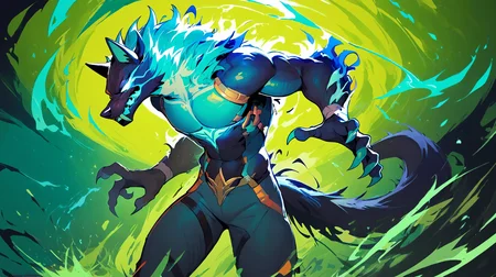 source_furry, score_9, score_8_up, score_7_up, <lora:fortnitelsxl:0.9>, fortenitlsxl, loading screen from fortnite, graphic novel, ink lined illustration, (thick multicolored outline), aura, green energy, multicolored background, dynamic pose, foreshortening, zPDXL2, cowboy shot, <lora:paintsplashsdxl:0.4>, BREAK,
<lora:incase---1:0.3>, <lora:Manga_Action_Shot:0.8> action shot, 1boy, werewolf, muscular, hillside background, monochrome, <lora:Cerberus_Fortnite_Pony_test_2:0.83>, Green body, Green Eyes,Glowing Eyes,Fangs,Claws,tail,snake tail, wolf, anthro,