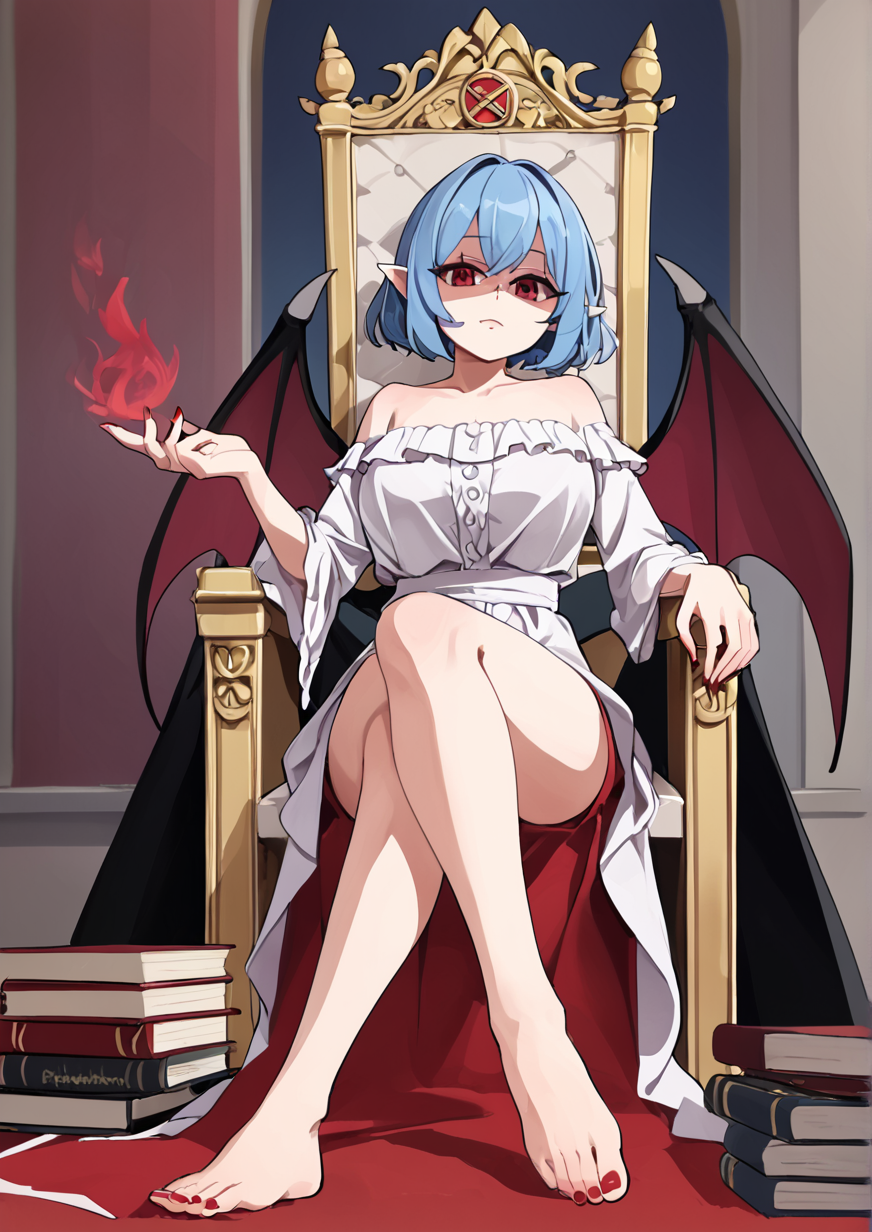 1girl, remilia scarlet, huge breast, alternate costume, bare shoulders, barefoot, bat wings, blue hair, book, book stack, chain, closed mouth, crossed legs, dress, eye of providence, hexagram, looking at viewer, nail polish, no headwear, off-shoulder dress, off shoulder, pointy ears, red eyes, red nails, shaded face, short hair, sitting, solo, tattoo, throne, wings, zPDXL3, <lora:Bongf_bongfillstudent:0.8>
