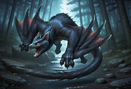 Graphic Design, color art, vibrant colors, colorful, intricate details, high contrast, detailed background, beautiful detailed, beautiful face, detailed eyes, detailed face, photorealism, photorealistic, detailed fur, new, n4rg4cug4, dragon, yellow sclera, black fur, sharp teeth, fangs, claws, wings, winged arms, tail, no humans, nature, rock, outdoors, dynamic pose, jump, (masterpiece, best quality, newest, recent, absurdres),