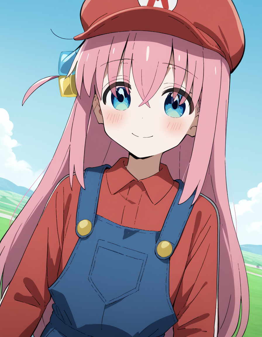 score_9, score_8_up, score_7_up, source_anime, hitorigotou, <lora:hitori-gotou-s1-ponyxl-lora-nochekaiser:1>, hitori gotou, blue eyes, cube hair ornament, hair between eyes, hair ornament, pink hair, one side up, long hair, <lora:mario-cosplay-ponyxl-lora-nochekaiser:1>, mariocosplay, mario \(cosplay\), blue overalls, overalls, shirt, red shirt, long sleeves, collared shirt, hat, red hat,, landscape, blush, smile,, cowboy shot, dutch angle, solo,