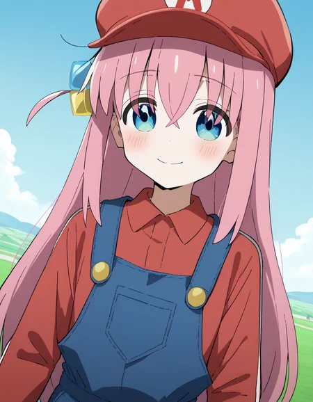 score_9, score_8_up, score_7_up, source_anime, hitorigotou, <lora:hitori-gotou-s1-ponyxl-lora-nochekaiser:1>, hitori gotou, blue eyes, cube hair ornament, hair between eyes, hair ornament, pink hair, one side up, long hair, <lora:mario-cosplay-ponyxl-lora-nochekaiser:1>, mariocosplay, mario \(cosplay\), blue overalls, overalls, shirt, red shirt, long sleeves, collared shirt, hat, red hat,, landscape, blush, smile,, cowboy shot, dutch angle, solo,