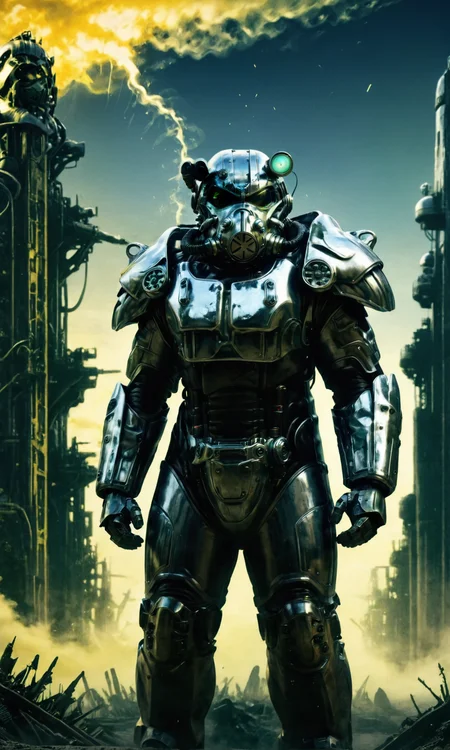 3d render style, 8k, high resolution, high contrast, crisp, sharp, UHD, HDR, ((masterpiece, best quality)), absurdres, solo, (screencap), highly detailed, dark scenery, (((portrait))),
<lora:Liquid_Chrome_Style_-_SDXL:0.8> x-01 power armor made out of liquid chrome, post apocalyptic style, intricate, In the style of the Fallout series video games,
<lora:Power Armour v2.0:0.8> x-01 power armor, science fiction, solo, gun, green sky, scenery, gas mask, radiation cloud, mask, cable, standing, holding a gun weapon, 
<lora:- SDXL - sqrhmmr _Square-Hammer_Style_V1.0:1> ((tint, glow, sqrhmmr style, green and yellow)),