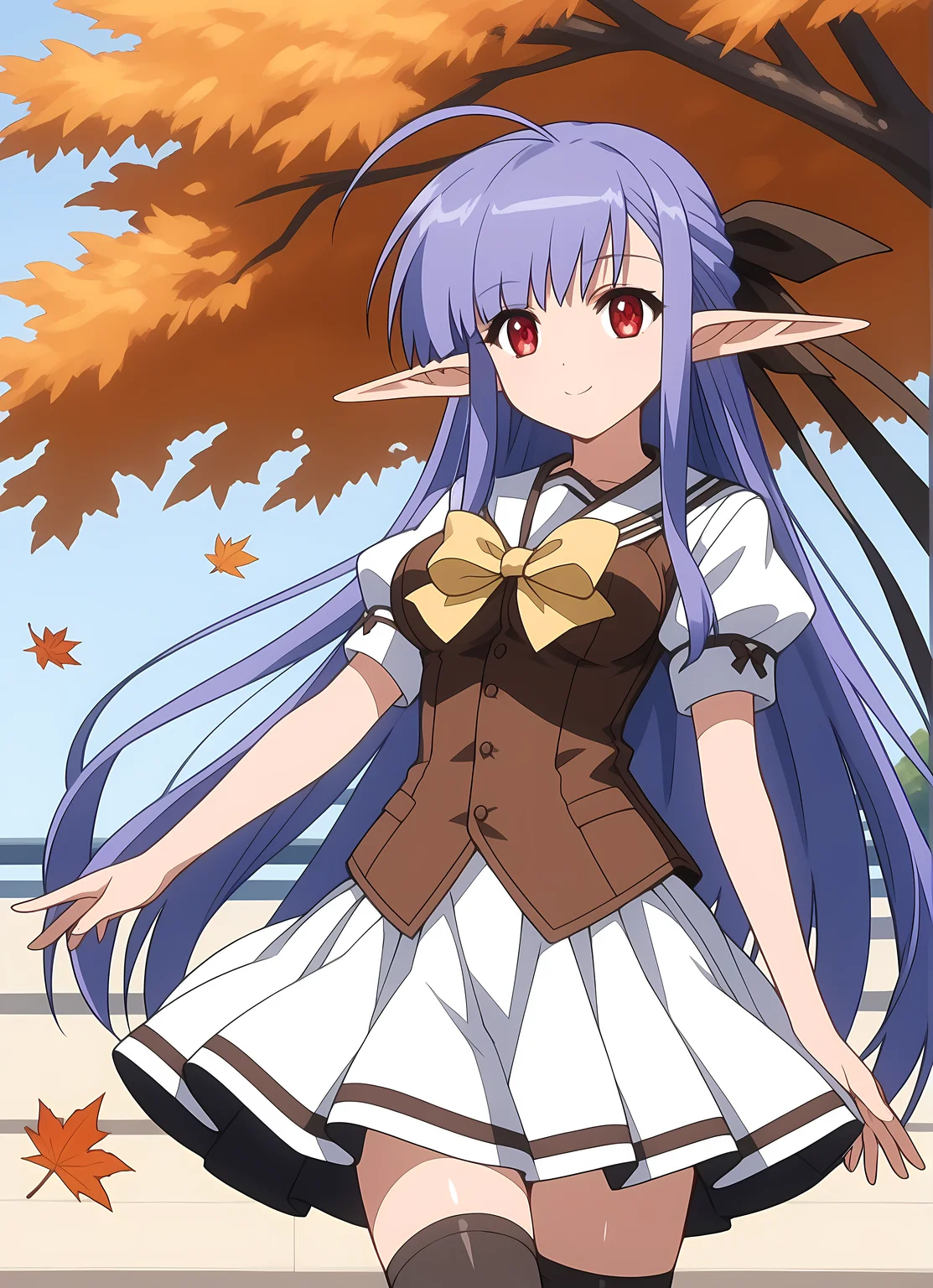 score_9,score_8_up,score_7_up,closed mouth, shiny skin, light smile,ohwx, 1girl, solo, solo_focus, elf, pointy_ears, red_eyes, long_hair, purple_hair, blue_hair, very_long_hair, sidelocks, ribbon, ahoge, long_pointy_ears, breasts,school_uniform, thighhighs, long_hair, bow, zettai_ryouiki, puffy_sleeves, white_skirt, short_sleeves, brown_vest, puffy_short_sleeves, vest, pleated_skirt, serafuku, yellow_bow, Hopping on one foot, autumn,<lora:nerine_pony_sobsynapse-000006:1>