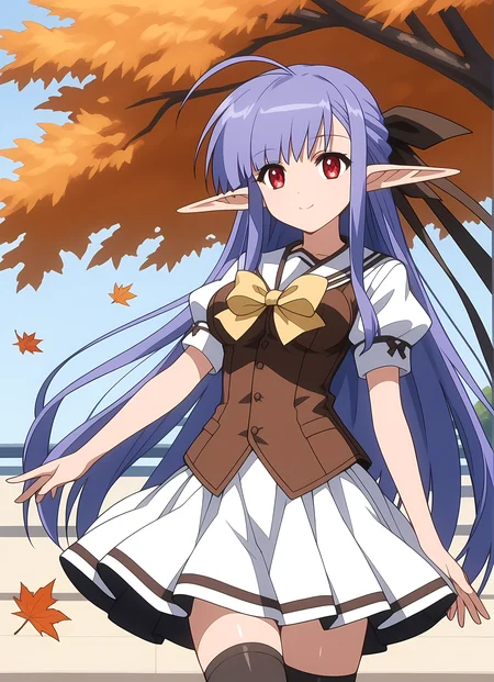 score_9,score_8_up,score_7_up,closed mouth, shiny skin, light smile,ohwx, 1girl, solo, solo_focus, elf, pointy_ears, red_eyes, long_hair, purple_hair, blue_hair, very_long_hair, sidelocks, ribbon, ahoge, long_pointy_ears, breasts,school_uniform, thighhighs, long_hair, bow, zettai_ryouiki, puffy_sleeves, white_skirt, short_sleeves, brown_vest, puffy_short_sleeves, vest, pleated_skirt, serafuku, yellow_bow, Hopping on one foot, autumn,<lora:nerine_pony_sobsynapse-000006:1>