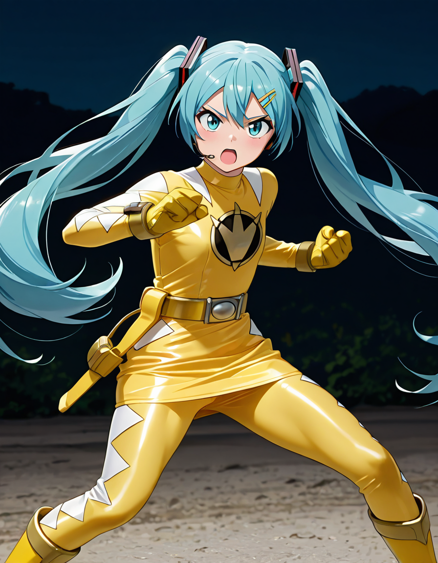 masterpiece, best quality, amazing quality, very aesthetic, absurdres, newest,shiny skin (((anime screenshot:1))), anime coloring, hatsune miku, twintails, blue hair, fighting stance, hairclip looking at viewer, open mouth 1girl , flat chest, Dinotyellow, robot, solo, DINYLOW bodysuit, breasts, yellow skirt, DINYLOW belt, DINYLOW gloves, DINYLOW boots, helmetless <lora:Power_Rangers_Dino_Thunder_-_BakuryÅ«_Sentai_Abaranger_13_in_1_pack:0.9>
