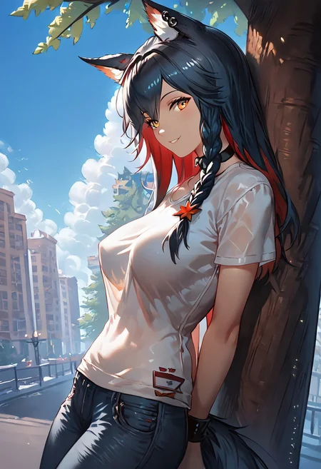 1girl, texas (arknights), female, young, wolf girl, wolf tail, wolf ears, animal ear fluff, amber eyes, multicolored hair, black hair, red inner hair, (busty petite:1.2), t-shirt, denim pants, (petite body:1.4), happy, looking at viewer, park, laying against a tree, taut clothing, cowboy shot, extremely tight shirt, inviting expression, side view, leather choker, dutch angle, dark eyeliner, summer colors, cornrow braids, leather bracelets, hands behind back, score_9, score_8_up, score_7_up, (masterpiece, best quality, very aesthetic, ultra detailed), intricate details, beautiful face, detailed eyes, detailed background, granblue_fantasy_style_xl, expressiveh, light from above, ear piercings