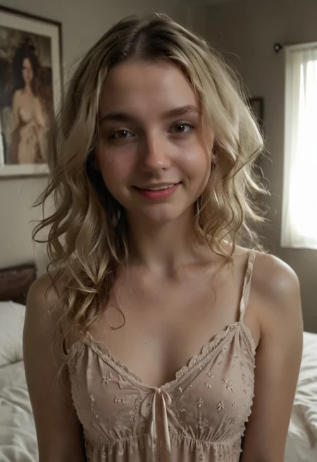 score_9, score_8_up, score_7_up, incredibly cute, looking at viewer, MarissaMidwest, curvy, blonde hair, wavy hair, pale skin, sexy smile, brown eyes, soft lighting, bedroom, messy room, loose low-cut silk nightie, in bed, detailed room, detailed background, large bed, upper body view, chiaroscuro