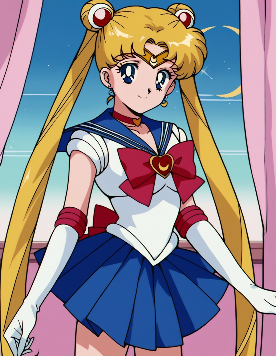 score_9, score_8_up, score_7_up, source_anime, <lora:usagi-tsukino-s3-ponyxl-lora-nochekaiser:1>, usagi tsukino, blonde hair, blue eyes, double bun, hair bun, hair ornament, long hair, twintails, circlet, parted bangs,, back bow, blue sailor collar, blue skirt, bow, brooch, choker, crescent moon, elbow gloves, gloves, jewelry, magical girl, pleated skirt, red bow, red choker, ribbon, sailor collar, sailor senshi uniform, skirt, white gloves,, indoors, smile, looking at viewer, solo,, cowboy shot, dutch angle