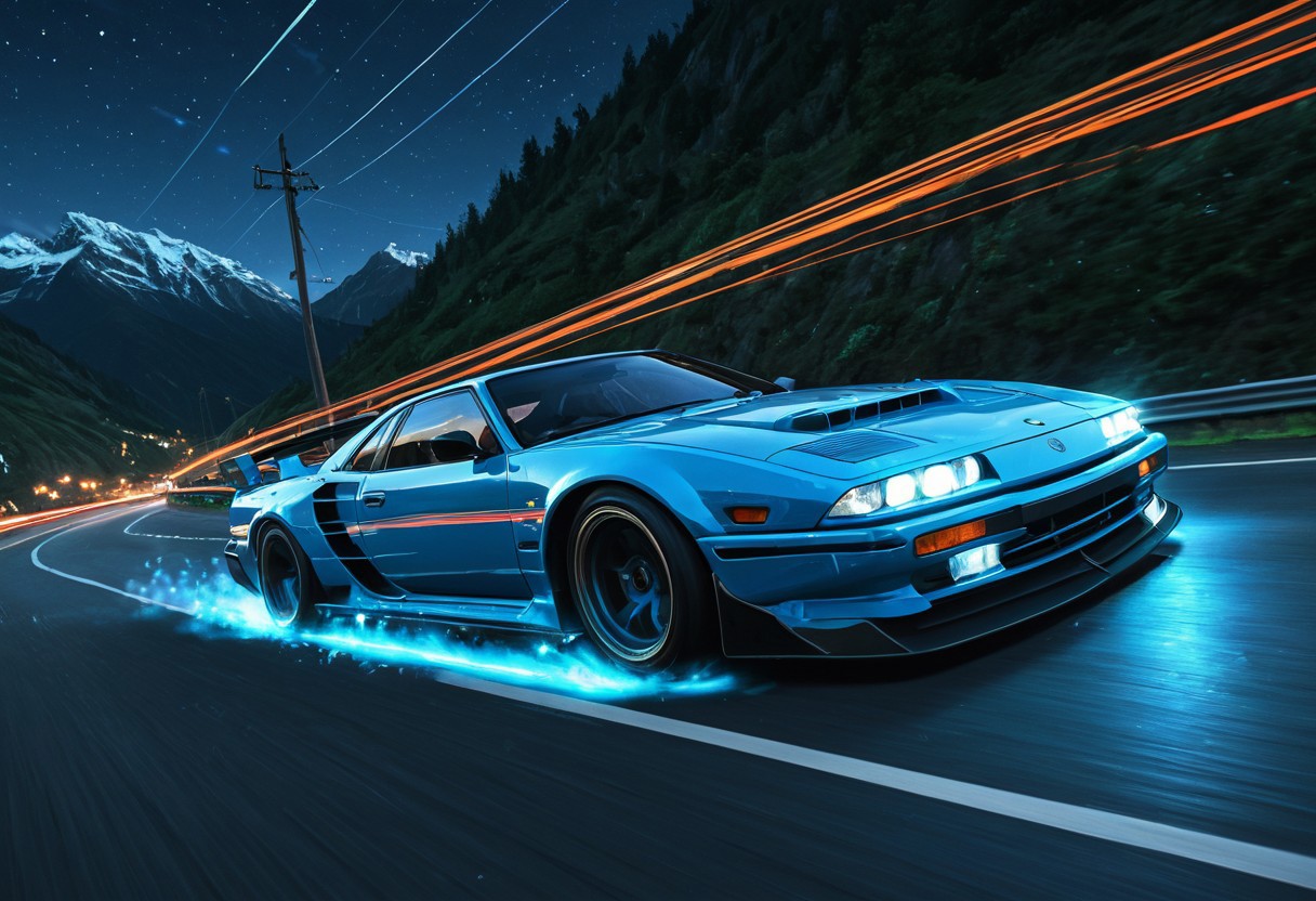 (studio ghibli digital drawing), best quality, masterpiece, extremely detailed, professional art, professional painting, an extremely delicate and beautiful, dynamic, depth of field, elegant, gorgeous, highly detailed, full shot, uncropped, absolutely perfect, highly detailed, breathtaking, sci-fi drift car, powerful performance car, hover wheels, blue glowing hover wheels, drifting around corner, light streaks, beautiful mountain road,
At night, night, night sky, dark sky, 
Motion blur, action shot, dutch angle,