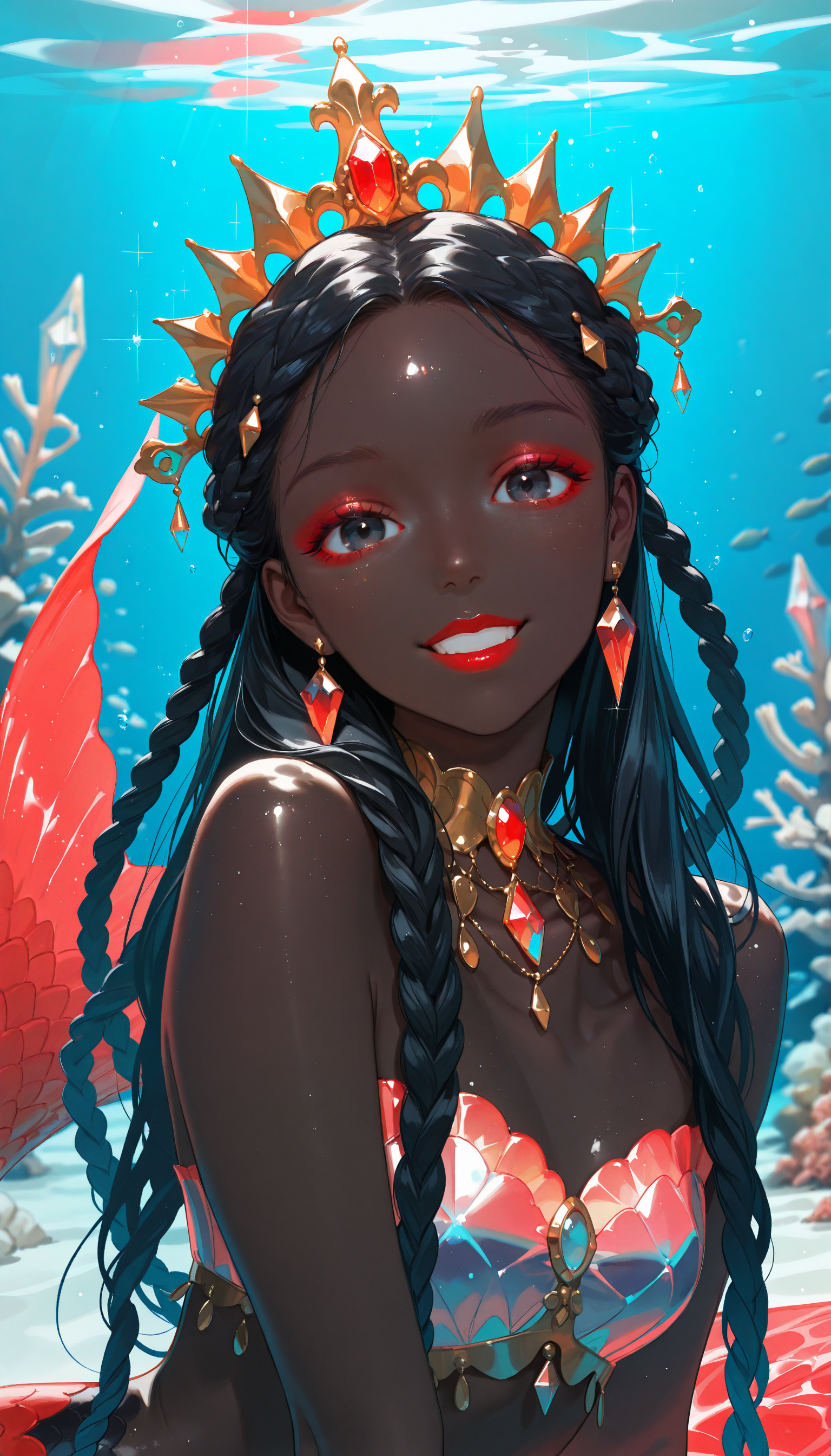(high_quality, newest, incredibly_absurdres, very aesthetic, zbrush_\(artwork\), depth_of_field, grainy_texture, digital_painting_\(artwork\), vignetting, flat_colors, anime_coloring)
(MMC-Illu, bamf-illu, underwater, 1girl, mermaid, red_scales, two_tone_scales, thick_lips, shiny_skin, iridescent_body, grin, dark skin, dark-skinned female, eyeliner, mascara, makeup, solo, multiple_braids, jewelry, very dark skin, crown, headgear, jewelry, crystal, earrings, sparkles, midriff, black hair, necklace, portrait, amazing_background, gem, long hair, black eyes, lipstick, hair ornament, closed mouth, hand up, looking at viewer, curly hair)