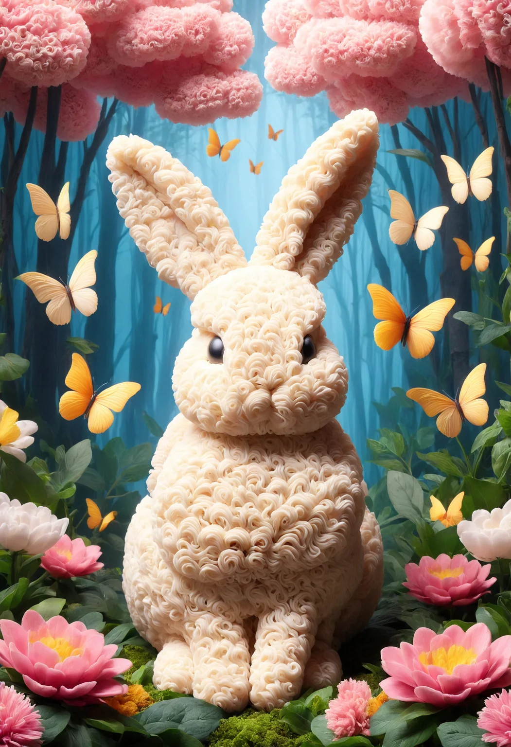 a cute fat and fluffy bunny wandering in a magical forest, pink flowers made out of noodles, nature, butterflies, <lora:PinkieNdlsSDXL:1>, p1nkn00dles,