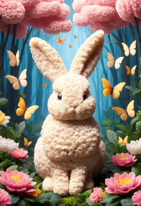 a cute fat and fluffy bunny wandering in a magical forest, pink flowers made out of noodles, nature, butterflies, <lora:PinkieNdlsSDXL:1>, p1nkn00dles,