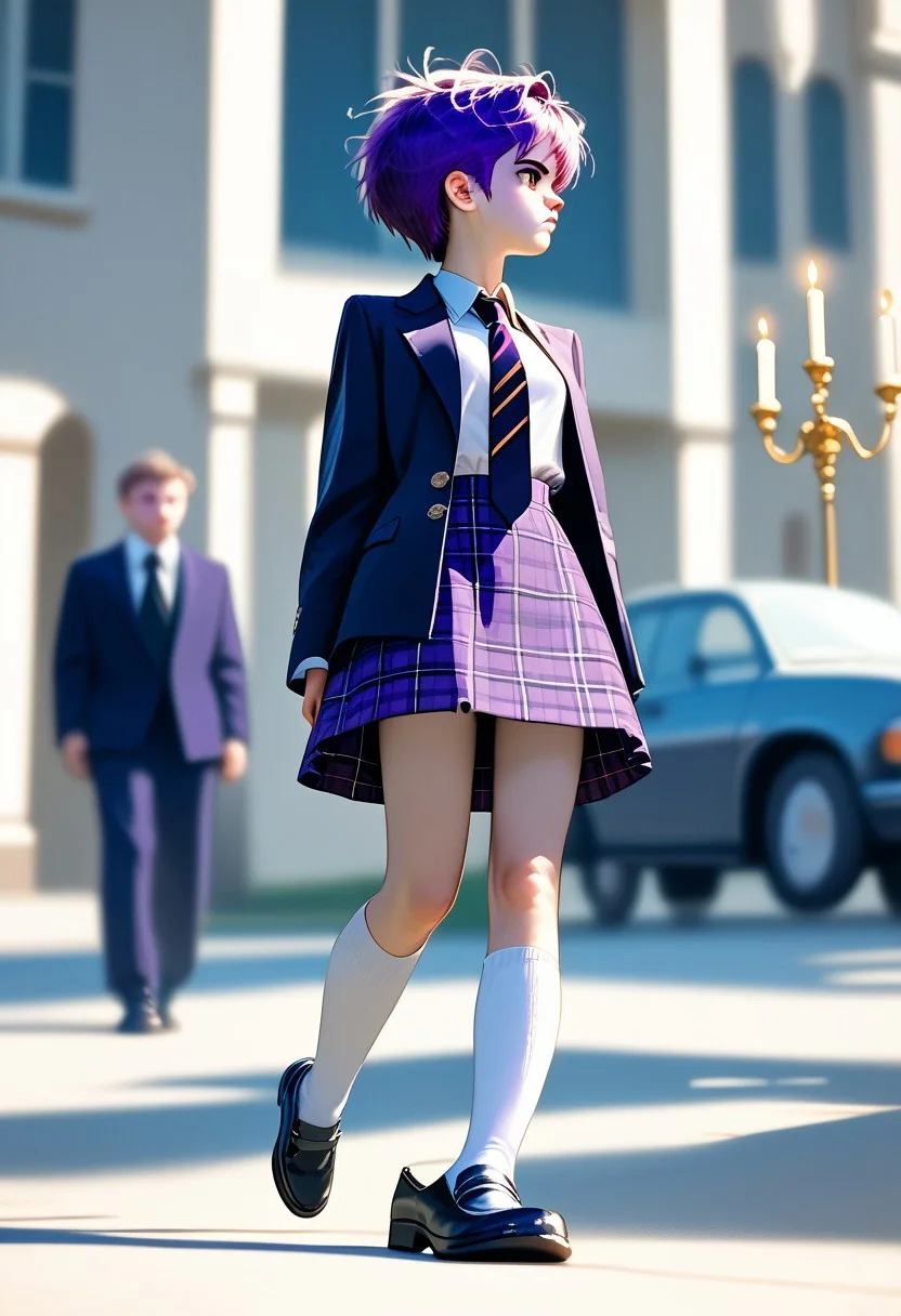 score_9, score_8_up, score_7_up, M4dimi, short hair, purple hair, small breasts, school uniform, jacket, plaid skirt, white shirt, necktie, socks, black shoes, standing in a luxurious Elizabethan bedroom, high contrast, film grain, Rim Lighting