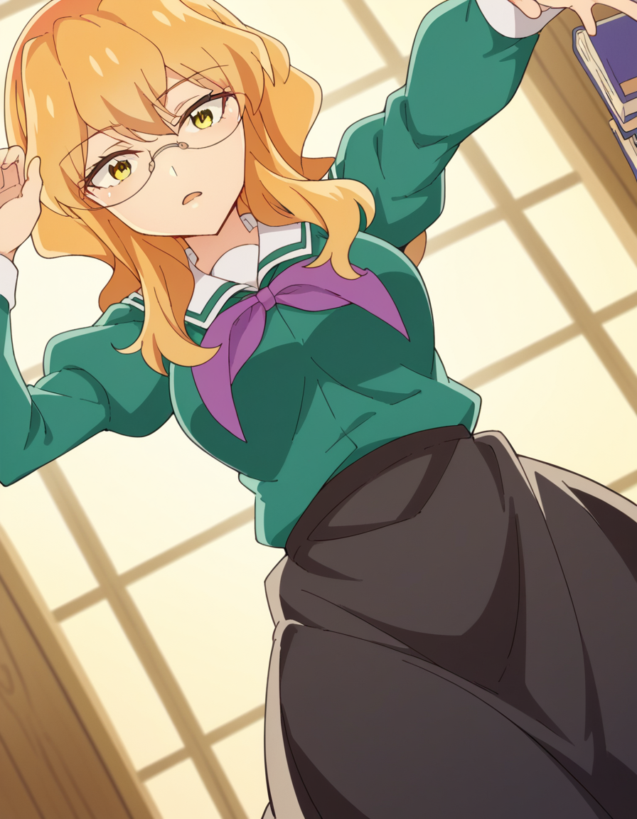 score_9, score_8_up, score_7_up, source_anime, <lora:sumika-chibana-s1-ponyxl-lora-nochekaiser:1>, sumika chibana, long hair, blonde hair, yellow eyes, glasses,, skirt, long sleeves, school uniform, puffy sleeves, serafuku, purple neckerchief, green shirt, black skirt, long skirt,, bookstore, browsing shelves, new book smell, finding a favorite, quiet atmosphere, , on back, arm support, arms up, incoming hug, pov, reaching, reaching towards viewer,, looking at viewer, solo,, dutch angle, cowboy shot