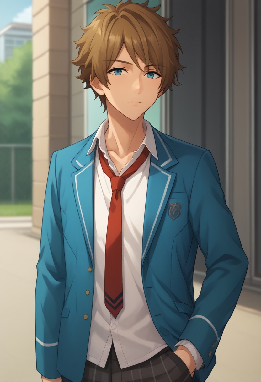 score_9, score_8_up, score_7_up, source_anime, highly detailed, 
midori, 1boy, plaid pants, male focus, solo, school uniform, necktie, brown hair, blazer, pants, hand in pocket,
jacket, plaid, blue eyes, red necktie, looking at viewer, 
outdoor, upper body,