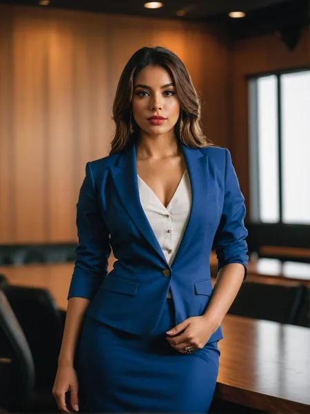 A dynamic cinematic photograph of Anna_Bianchi_P_MXAI_SDXL , angry expression, wearing a pencil skirt, wearing a dress shirt, wearing a blazer, standing at the edge of a conference table, shot from below, ((cowboy shot)), PA7_Portrait-HL_v2, SK_CINEMATIC, ziprealism